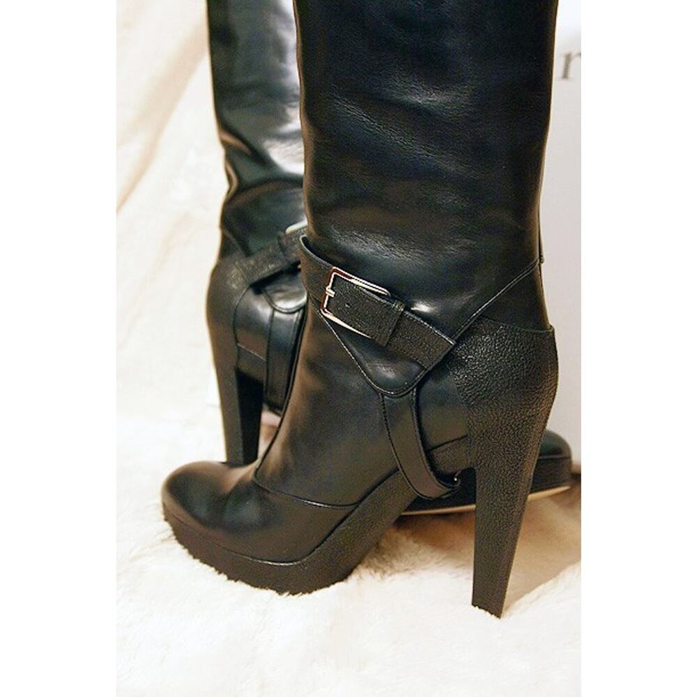 NIB DIOR TSAR BLACK CAVIAR LEATHER BELTED PLATFORM TALL HARNESS BOOTS 40 10 - Picture 3 of 6